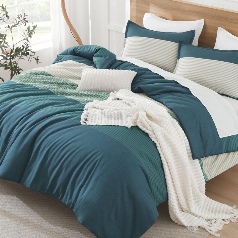 Litanika طقم لحاف Litanika Twin/Twin XL باللون الأزرق المخضر الداكن - قطعتين خفيف الوزن مخطط بألوان متعددة، طقم سرير لجميع المواسم - Image 1